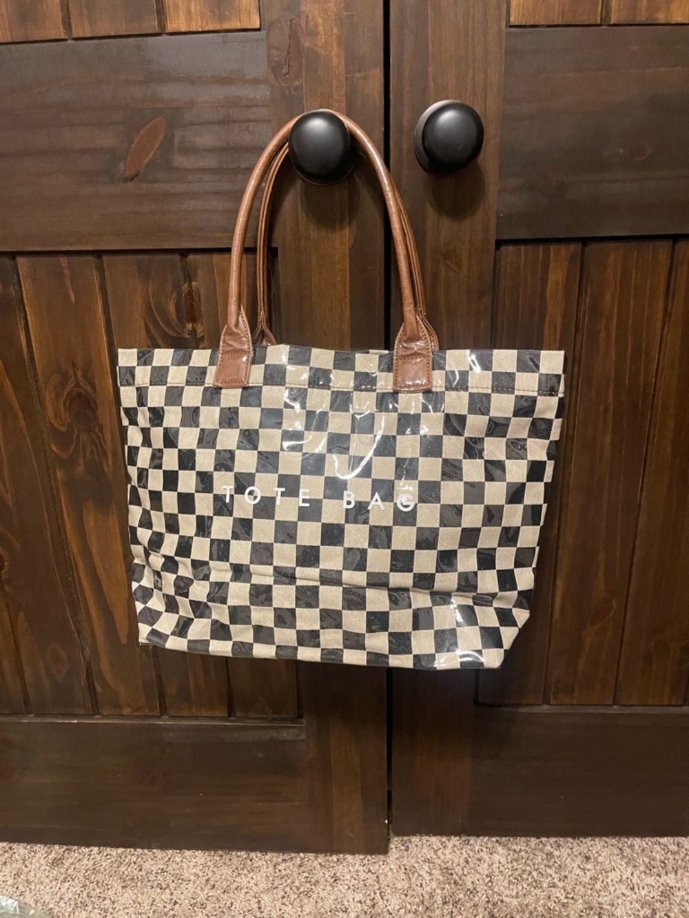 Checkerboard Tote Bag with Brown Handles